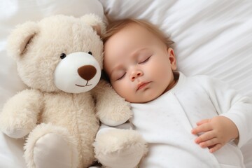 Baby's comfort: sleeping infant in bed, snuggling a toy bear, charm of a healthy sleep routine