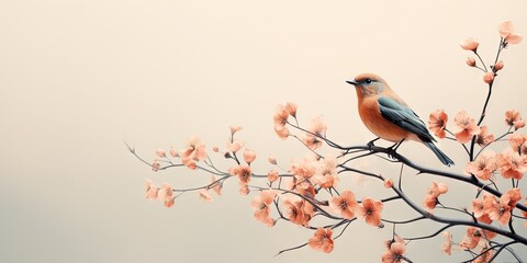 A minimalist and simple abstract multi-colored bird on a branch and flowers. Modern wallpaper. Generative AI, AI - obrazy, fototapety, plakaty