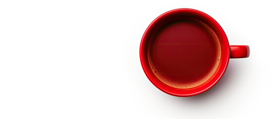Red coffee cup on a white background viewed from the top - obrazy, fototapety, plakaty