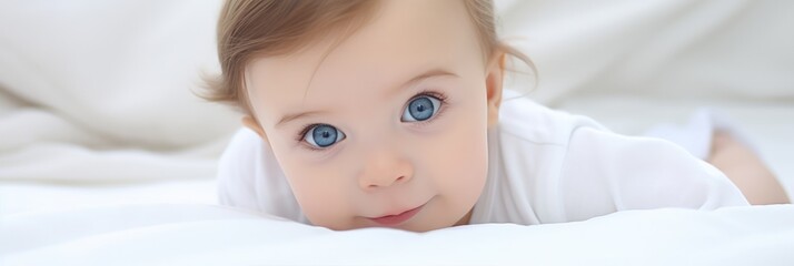 A cute baby's portrait on white bedsheets, childcare with selective focus and free copy space