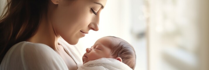  Extreme close-up of a loving mother and her newborn, set against a soft white background - obrazy, fototapety, plakaty