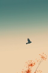 Fototapeta premium A minimalist and simple abstract multi-colored bird on a branch and flowers. Modern wallpaper. Generative AI, AI