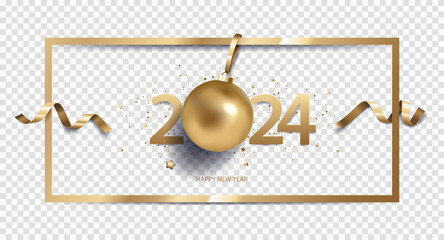 Happy New Year 2024 background with Christmas decoration and confetti in golden frame, isolated on transparent background.
