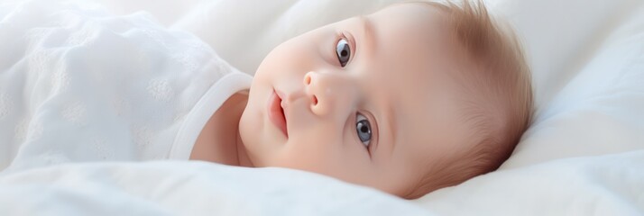 little baby with radiant eyes on white sheets, symbolizing child care, adoption, and healthy sleep - obrazy, fototapety, plakaty