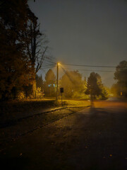 Street near Julianowski Park in Lodz lit with street lamps on a cloudy foggy autumn night, Lodz, Poland.