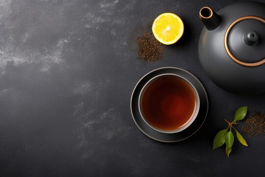 Chinese Tea - Hot Teapot And Teacups On dark background. AI Generated