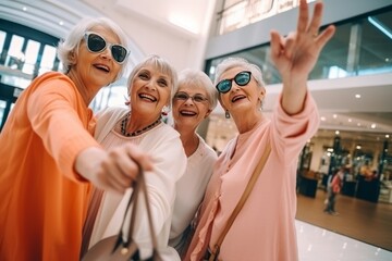 Group of happy grannies making selfie during shopping in mall with shopping bags. 