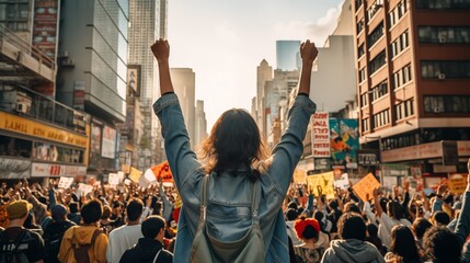 Group of Asian people protested in the middle of the city. - obrazy, fototapety, plakaty