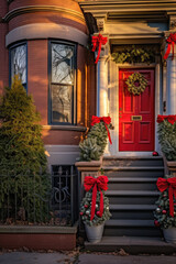 Vertical image of a decorated front door with Christmas trees and red bows.