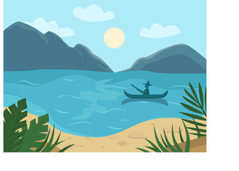 Fototapeta na wymiar Vector illustration of a man in a canoe paddling on the ocean. Beautiful landscape with ocean, mountains and plants. Flat Art