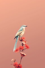 Obraz premium A minimalist and simple abstract multi-colored bird on a branch and flowers. Modern wallpaper. Generative AI, AI