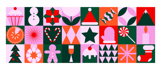 Geometric Christmas pattern. Abstract minimalist New year background with simple shapes, holiday decoration banner. Vector art