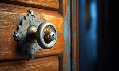 Security lock and exterior door handle installed on a frame. - obrazy, fototapety, plakaty