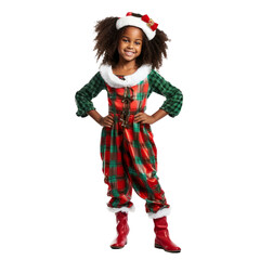 cute african american girl in christmas outfit isolated on transparent background