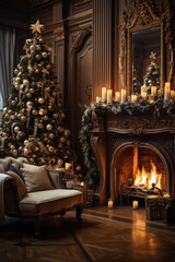 Christmas living room interior with fireplace and Christmas tree. Luxury home.