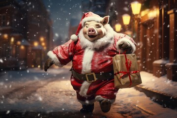 Christmas and New Year concept. Funny Santa Claus pig with gift box running on the street. - obrazy, fototapety, plakaty