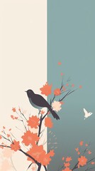 A minimalist and simple abstract multi-colored bird on a branch and flowers. Modern wallpaper. Generative AI, AI