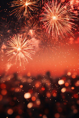 Fototapeta premium Colorful fireworks with bokeh effect on red sky background.