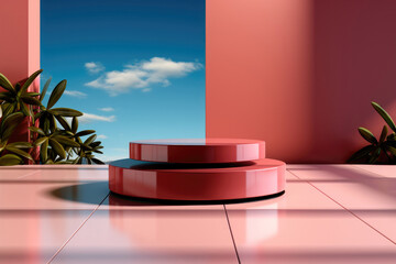 Minimal podium design on the background of an abstract coral-colored wall with an open space to the blue sky and walls