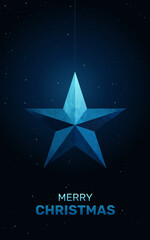 Merry Christmas card with blue star. Triangle low poly geometric art modern