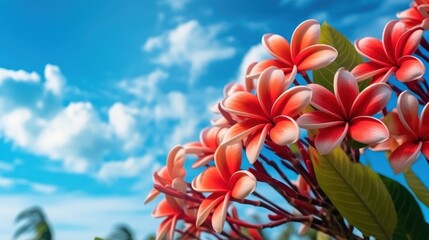 Plumeria or Frangipani flowers with blue sky background. Springtime Concept. Valentine's Day Concept with a Copy Space. Mother's Day.