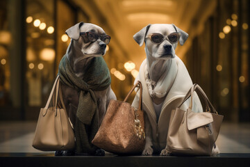 Hyper realistic HD Dogs Wearing Clothes with Bags While Shopping Gifts for Holidays. Human-Like Anthropomorphic Animal Character.