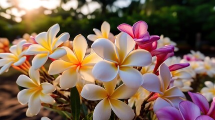 Fototapeta na wymiar Frangipani or Plumeria flower blooming in the garden. Springtime Concept. Valentine's Day Concept with a Copy Space. Mother's Day.