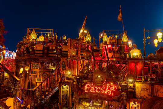 Street cafe Farsha with original design in arabic style at night, Sharm El Sheikh, Egypt