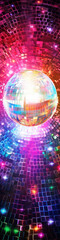 Disco ball with bright rays, night party background photo.
