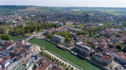 Fototapeta na wymiar Verdun's cityscape and meandering river from above