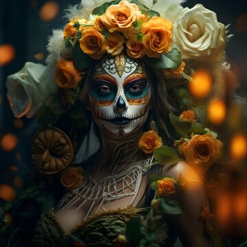 Luxury image of woman on day of the dead skulls day of the dead halloween with painted Sugar skull on her face
