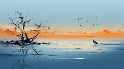 Landscape with round moon and water, minimalistic frame, banner with copy space. Concept: a picturesque place for relaxation