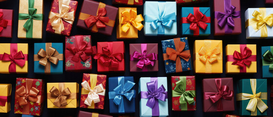 Colorful gift boxes with ribbons on black background. Christmas, birthday, valentines day, new year concept.