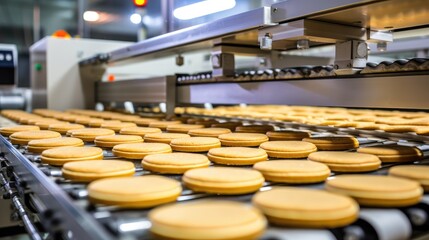 Fototapeta premium Sweet assembly line! biscuits on a conveyor belt at a factory, a snapshot of the efficient and delicious world of automated production.