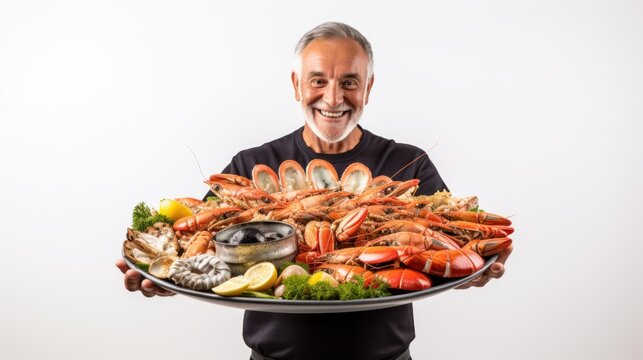 A man holding a large platter of seafood