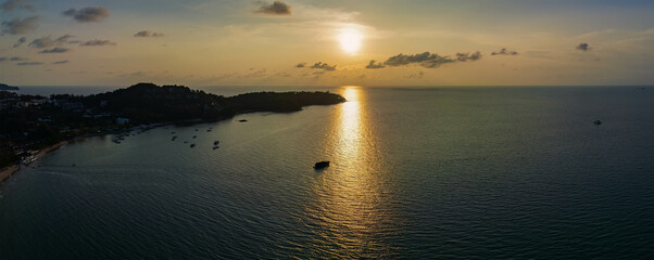 Panoramic wide scenic view of Sunset sea from Bang Thao beach, Thailand