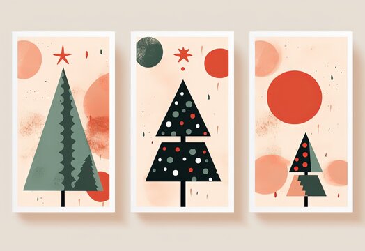 contemporary art design illustration of Christmas tree collection set, idea for wall art decor mock up, Generative Ai