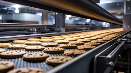Sweet assembly line! biscuits on a conveyor belt at a factory, a snapshot of the efficient and delicious world of automated production. - obrazy, fototapety, plakaty