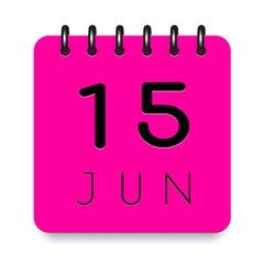 15 day of the month. June. Pink calendar daily icon. Black letters. Date day week Sunday, Monday, Tuesday, Wednesday, Thursday, Friday, Saturday. Cut paper. White background. Vector illustration.