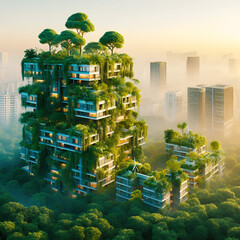 Photo of a modern green building nestled in lush green surroundings