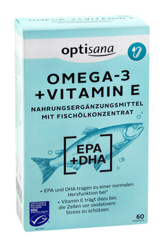 Optisana Omega-3 und Vitamin E Kapseln  Nahrungsergänzungsmittel mit Fischölkonzentrat und Hintergrund transparent PNG cut out