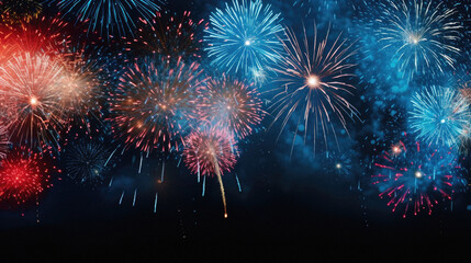 Colorful fireworks of various colors over night sky background with space for text.