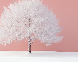 Beautiful snow-covered tree, pastel color, delicate banner with copy space. Concept: winter, cold season