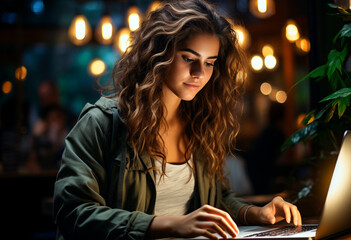 Young woman working on laptop in cafe. Girl with curly hair using computer