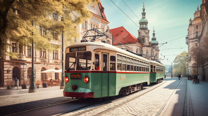 Fototapeta premium Charming Vintage Tram Passing Through a Historic City Center, Enhanced with Soft and Pastel Tones to Evoke a Nostalgic and Quaint Atmosphere