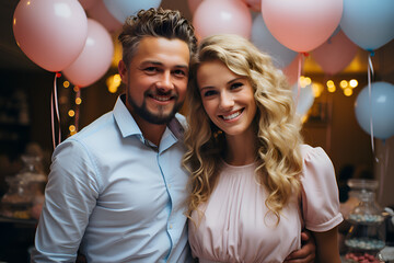 Couple of young parents at a gender reveal party