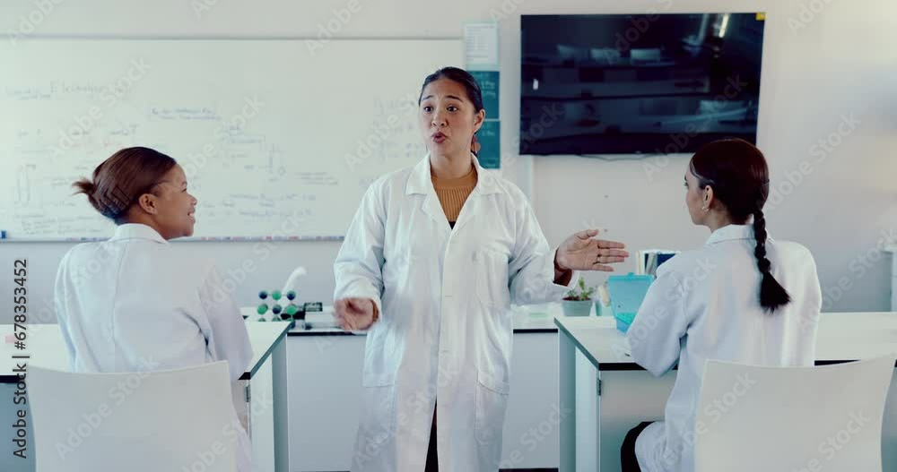 Poster science, education and an asian woman professor teaching a class in a laboratory for innovation. sch