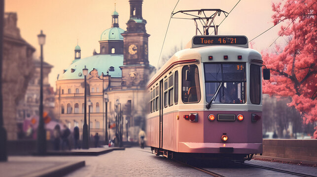 Charming Vintage Tram Passing Through a Historic City Center, Enhanced with Soft and Pastel Tones to Evoke a Nostalgic and Quaint Atmosphere © Aaron Wheeler