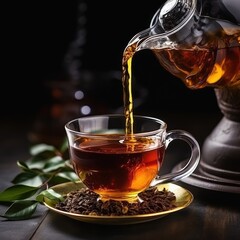Pouring tea into glass cup. AI Generated