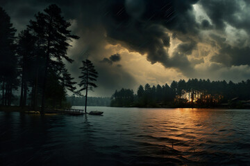 Fototapeta na wymiar Lake Surrounded by Trees Under a Cloudy Sky. Generative Ai